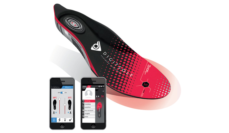 Distance trackers and calorie counters are making their way into smart-technology footwear. Digitsole insoles keep your feet warm, too, using a built-in thermostat that can be adjusted via Bluetooth.