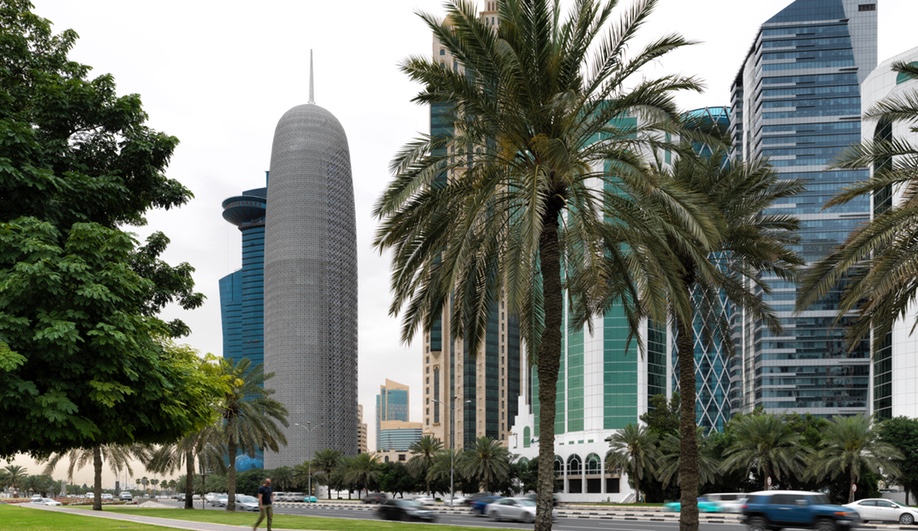 Doha Tower, in Doha, Qatar, was designed by Ateliers Jean Nouvel with an exterior envelope inspired by the mashrabiyya. It was completed in 2012.