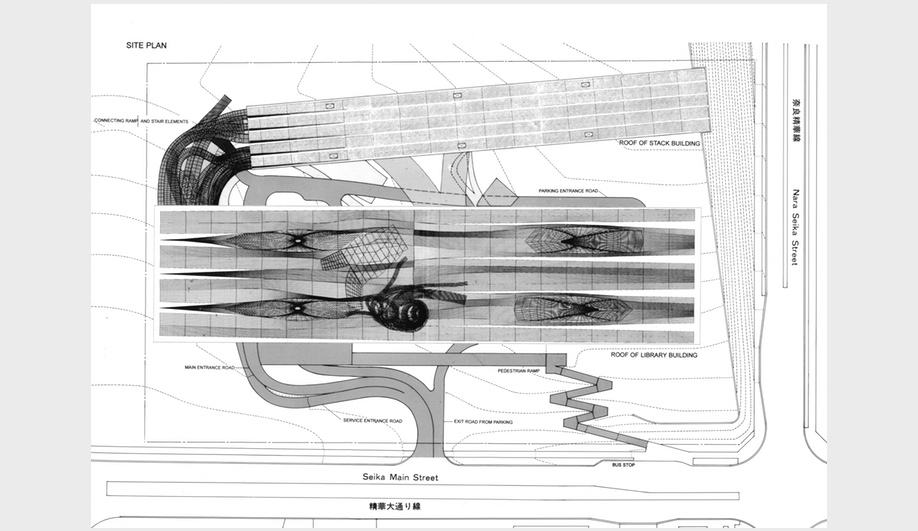 Reiser + Umemoto, Kansai National Diet Library (competition): Site plan, 1997. AP177 RUR Architecture records, Canadian Centre for Architecture, Montreal. Gift of RUR Architecture. © RUR Architecture