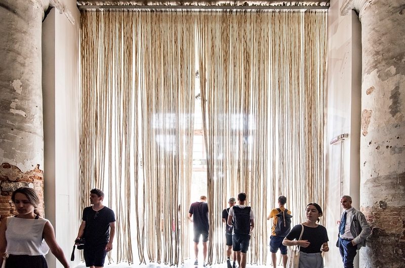The entrance to Grafton Architects' Freespace exhibition in the Arsenale is hung with ropes – a reference to the mooring lines that were once manufactured there. (Photo by Alex Fradkin)
