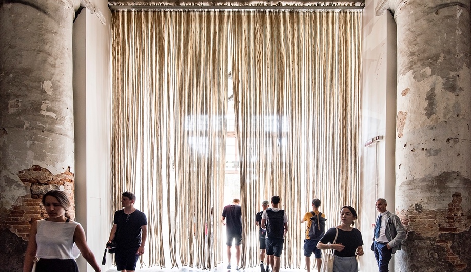 The entrance to Grafton Architects' Freespace exhibition in the Arsenale is hung with ropes – a reference to the mooring lines that were once manufactured there. (Photo by Alex Fradkin)