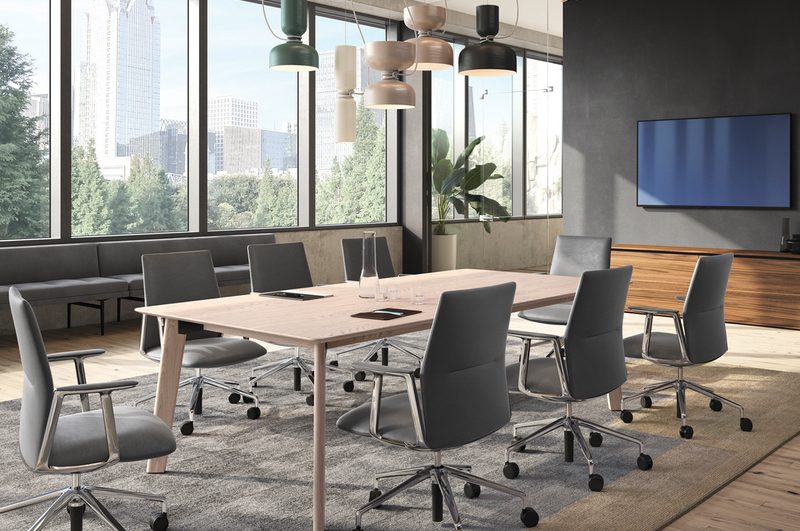 Keilhauer's Awla table is available in 10 colour wood stains and three standard laminate wood tops.