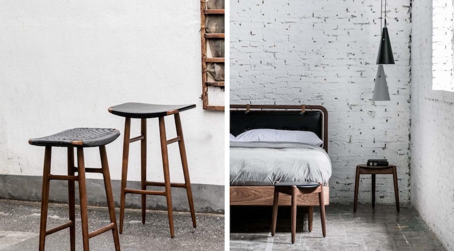 Freja stools, Dawn bed, Yama light, and Wohlert three-legged stool (l-r)